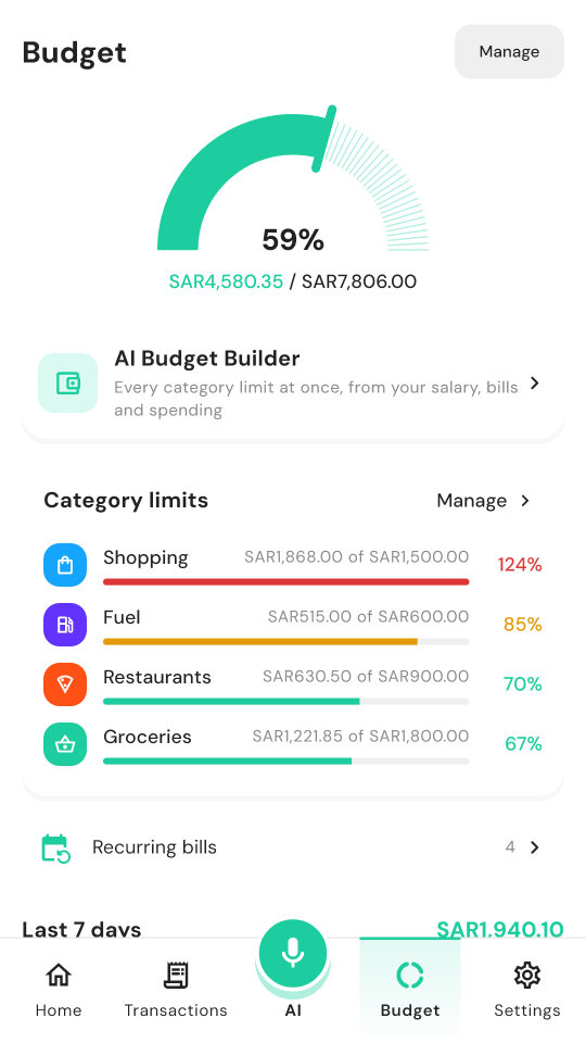 Budget screen with category limits