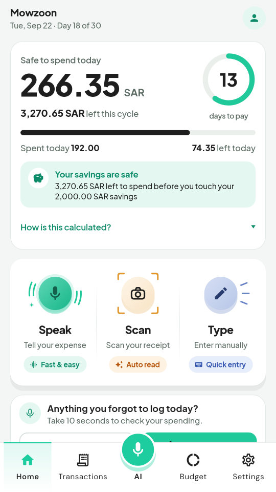 Mowzoon home: the amount that is safe to spend today and the days until payday