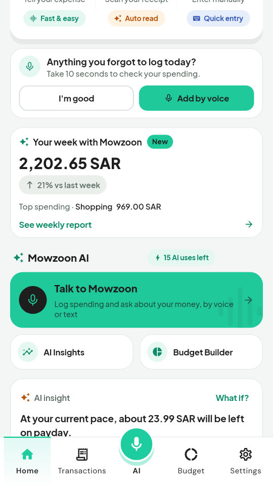 The four Mowzoon AI features on the home screen