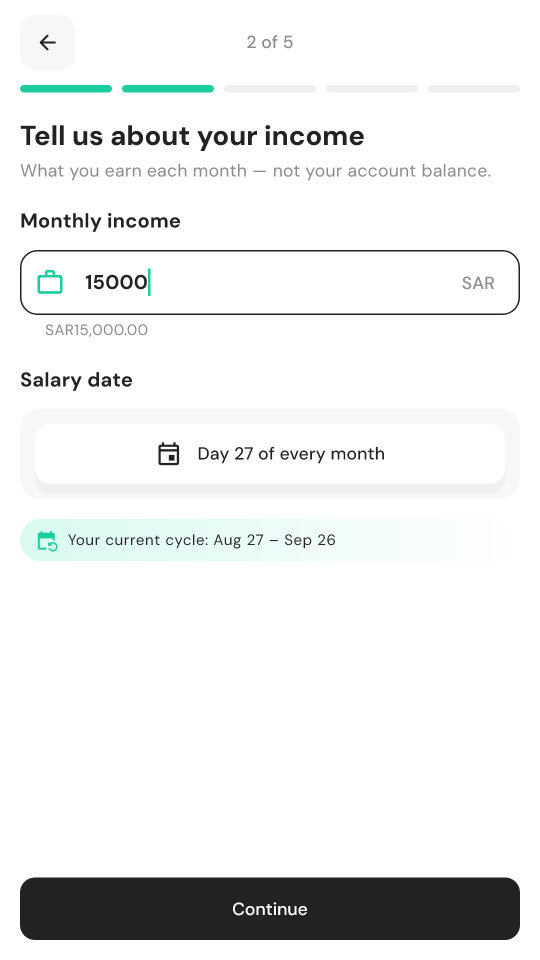 Mowzoon setup: monthly income of SAR 15,000 and salary on day 27 of every month