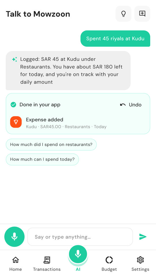 Talk to Mowzoon: “Spent 45 riyals at Kudu” logged as a restaurant expense with an Undo button